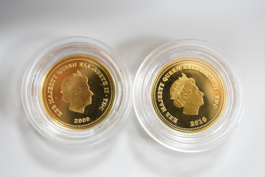 Gold coins, Elizabeth II;, Ascension Island, 1/5 sovereign, 2013, Tristan de Cunha, six gold half crowns (2009 x 4 and 2010 x 2), and a quarter sovereign, 2016, British virgin islands gold $3, 2013, Isle of Man gold 1/5